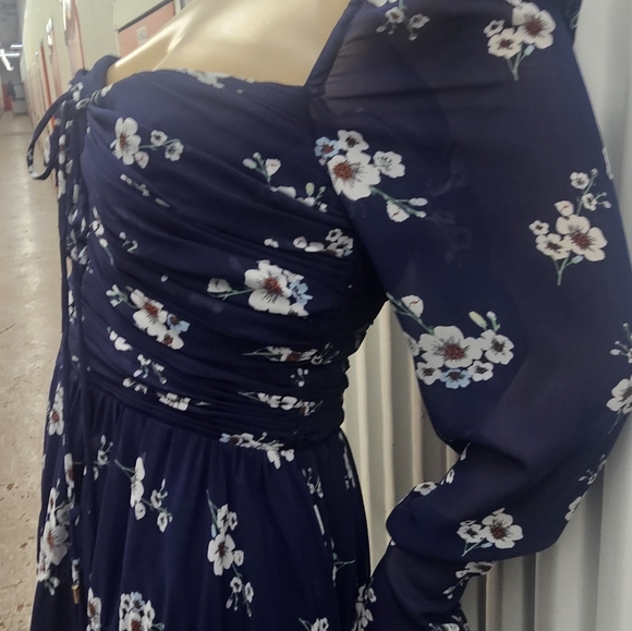 Self Portrait Pansy Midi Dress in Dark Navy Print Chiffon Cut Out